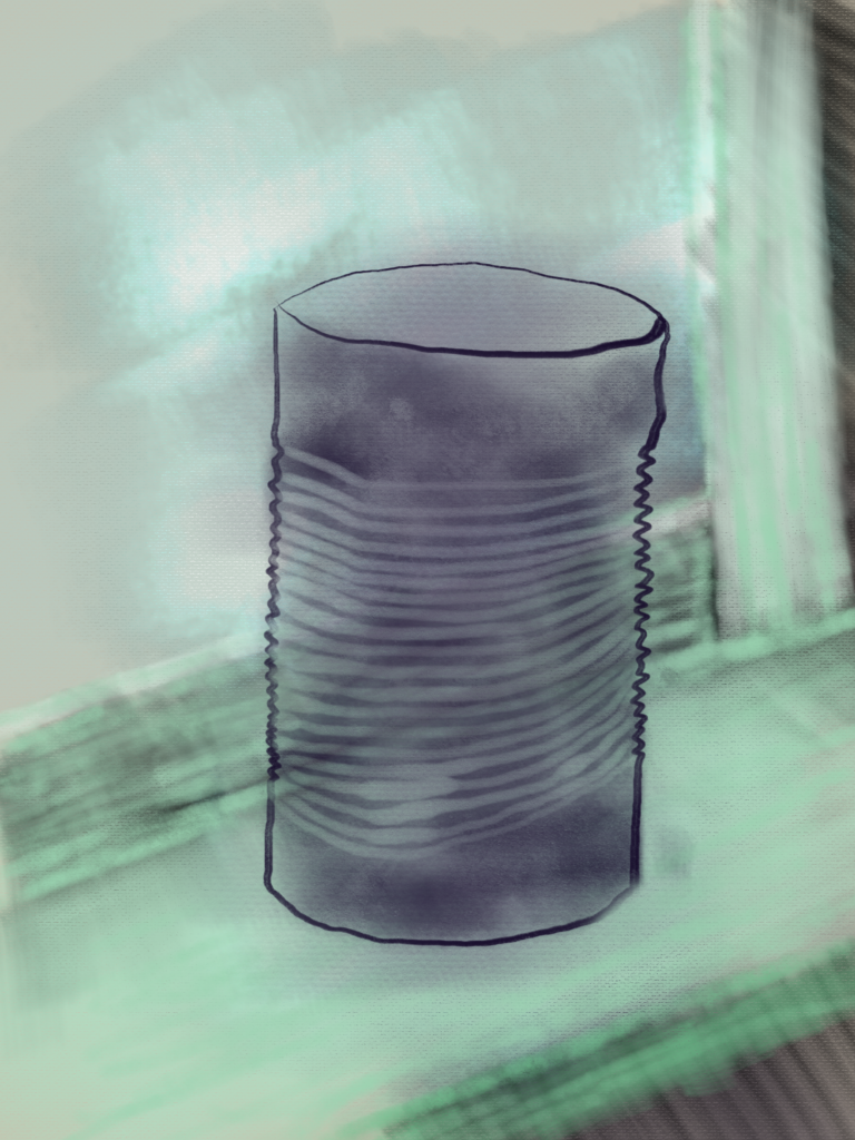 Digital painting of a dented can on a windowsill
